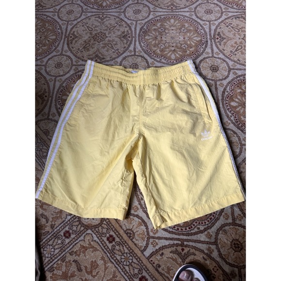 Mens Adidas Yellow White 3 Striped Swim Shorts Large L EUC Zipper Pockets - Picture 3 of 7